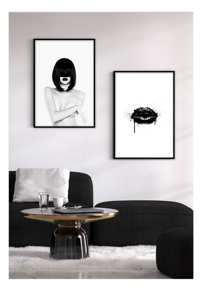 black lips framed art print black and white monochrome 