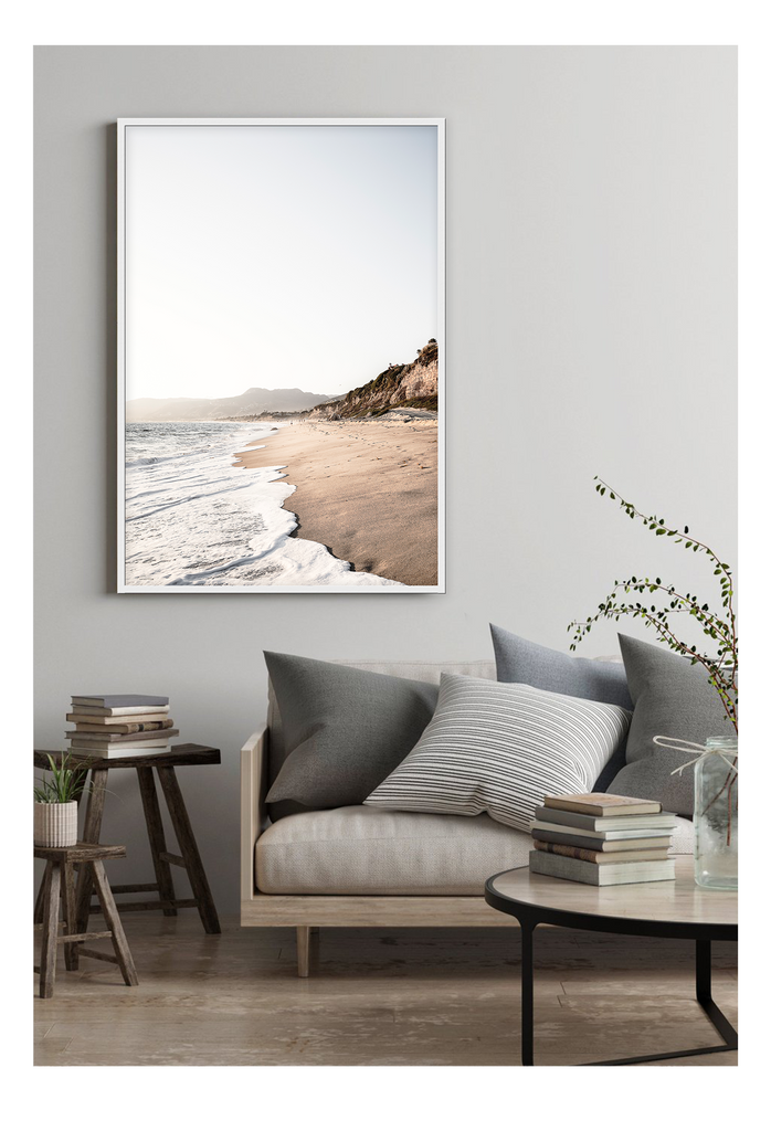 Photography print beach water waves sand sky neutral tones cliff face 