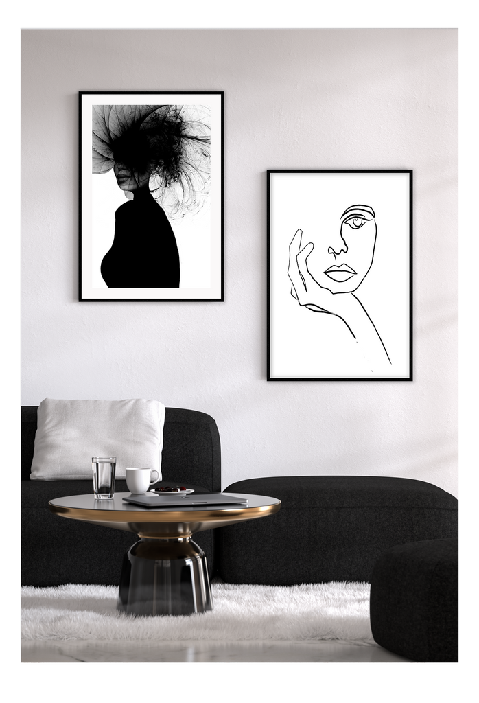 A black and white fashion wall art of a lady with tulle headpiece in all black silhouette on a white background