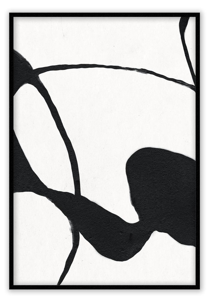 Minimalistic abstract style print with black linear and round shapes on a plain white background.