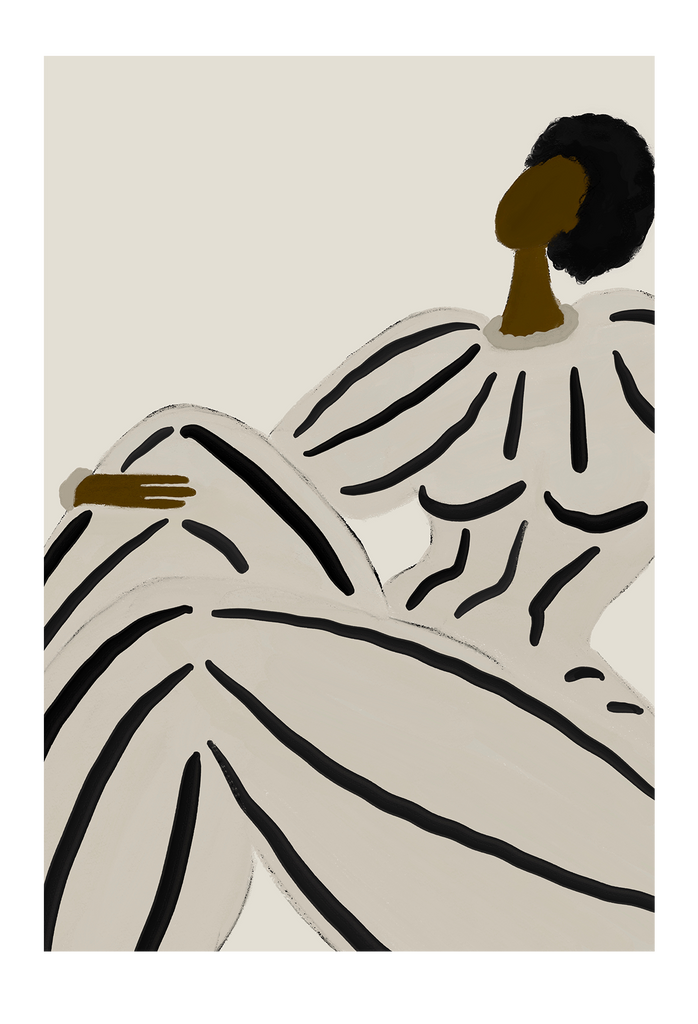 Abstract art print with the surrealistic shape of a female in a black and cream striped outfit on a plain cream background