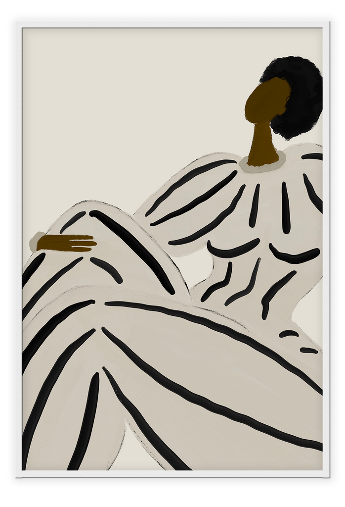Abstract art print with the surrealistic shape of a female in a black and cream striped outfit on a plain cream background