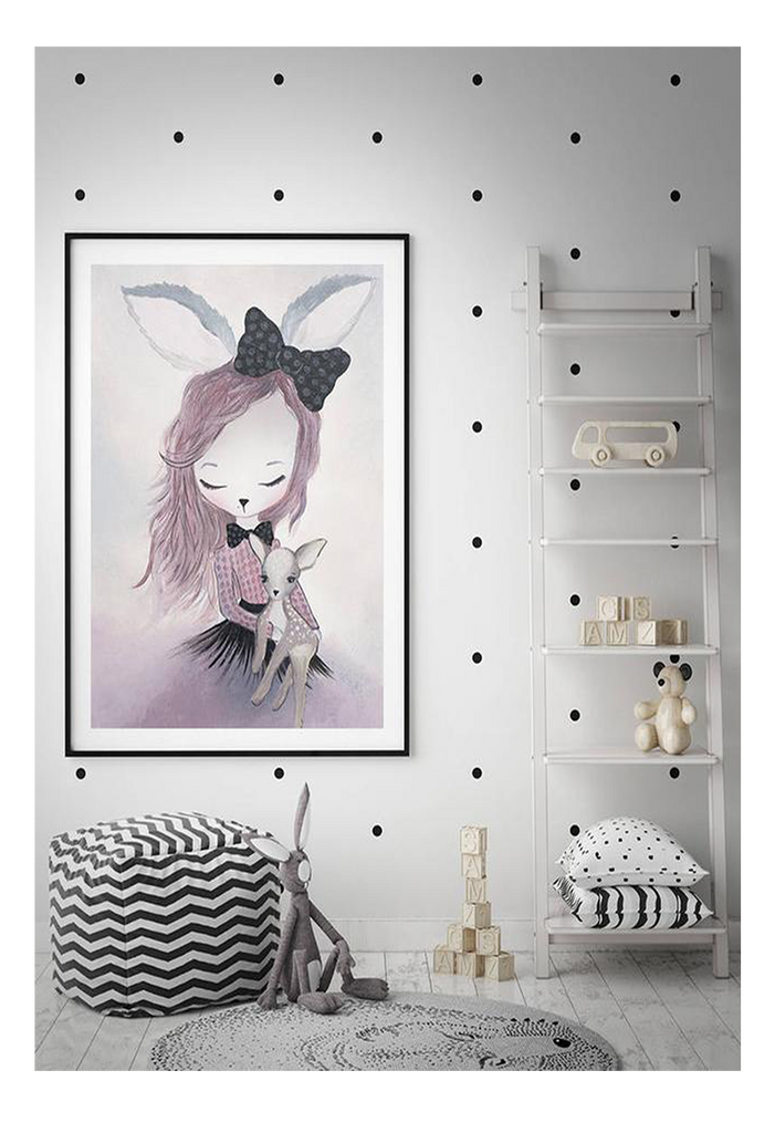 Children nursery print with rabbit bunny girl drawing with pink clothes holding a deer