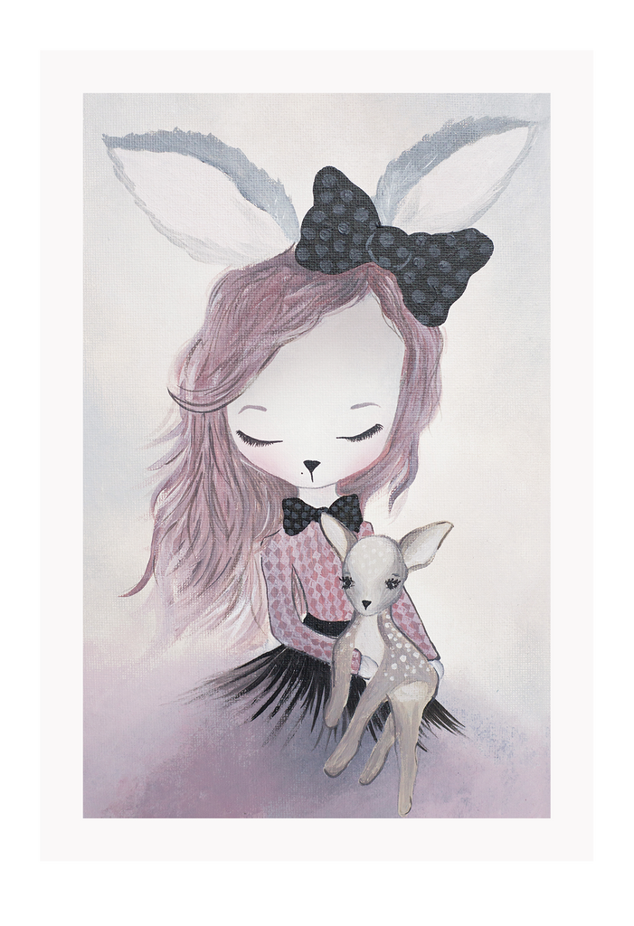 Children nursery print with rabbit bunny girl drawing with pink clothes holding a deer