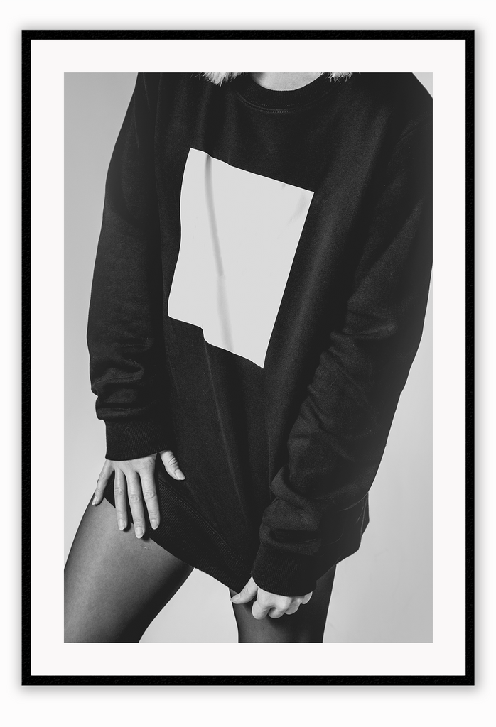 A black and white fashion wall art of a sexy lady wearing jumper and leggings.