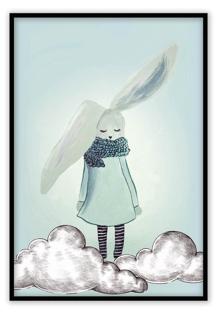 Kids nursery print with a bunny rabbit girl next to clouds on a blue background. 