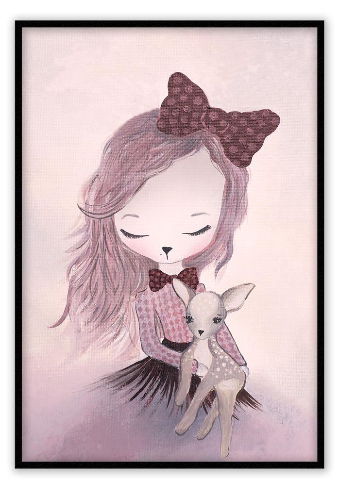 Kids nursery print with a bunny rabbit girl holding a baby deer in pink on a blush background. 