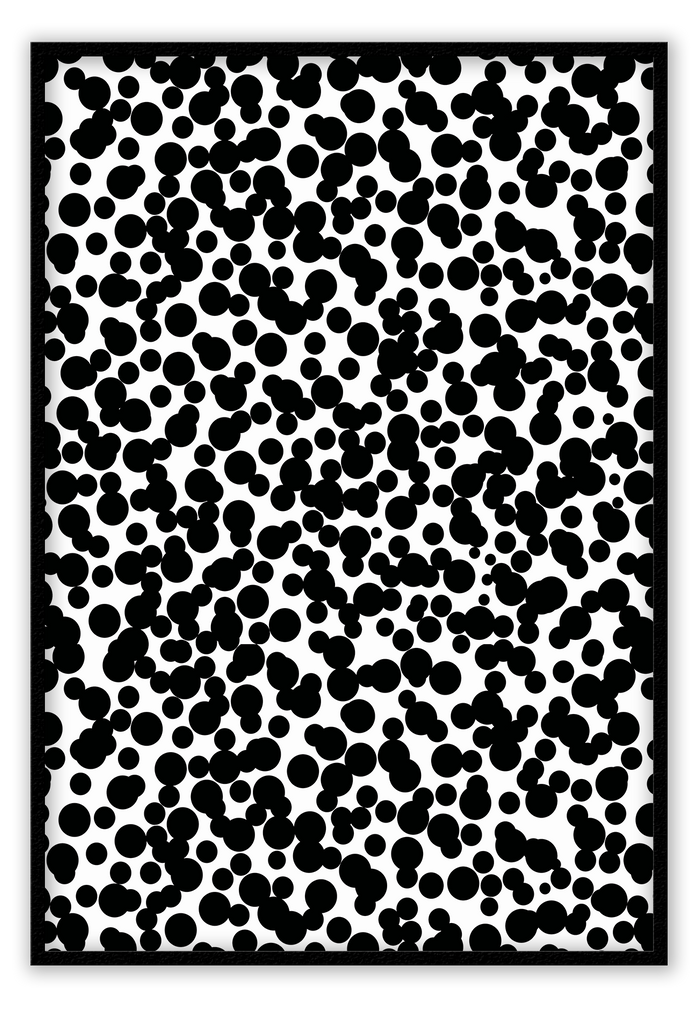 An abstract minimal print art with black dots on white background.