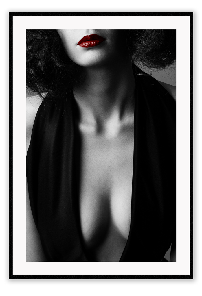 Black and white fashion photography print womans breasts chest with red lipstick sexy lady  