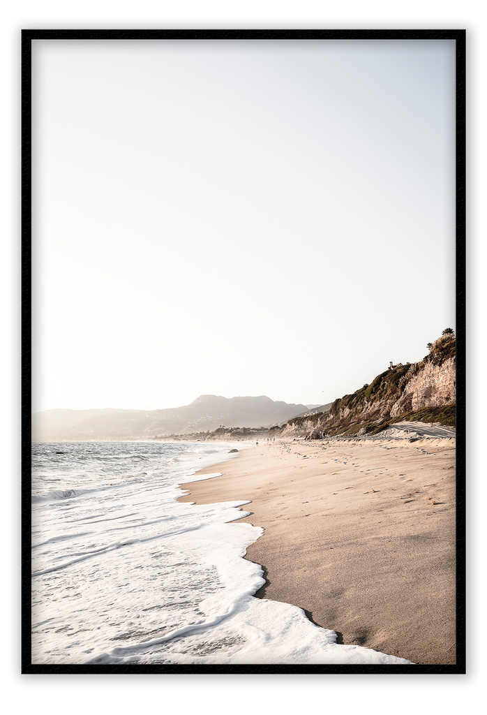 Photography print beach water waves sand sky neutral tones cliff face 