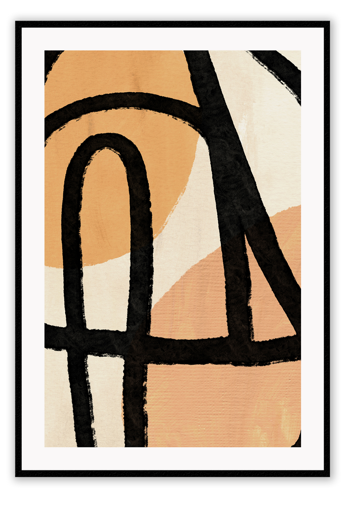Abstract modern art print portrait landscape with black brushstroke line on top of orange and beige textured shapes.