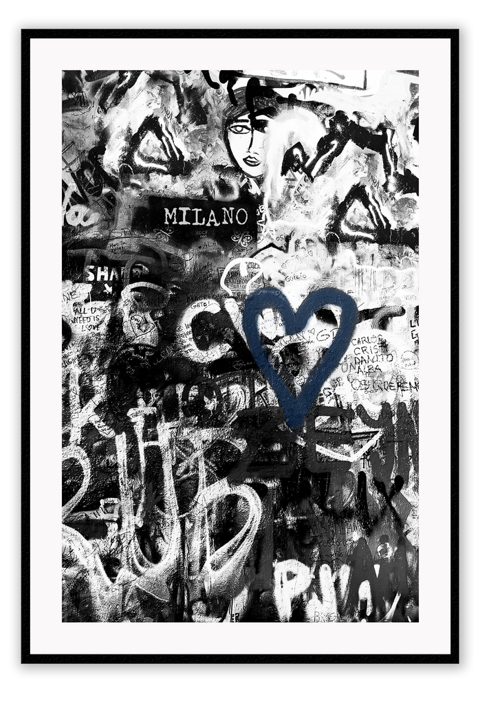 Black and white typography graffiti print art with hint of blue dark moody urban 