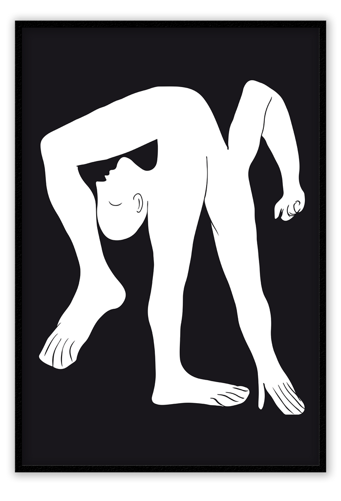 Minimal streched figure bending in white on solid black background sketch