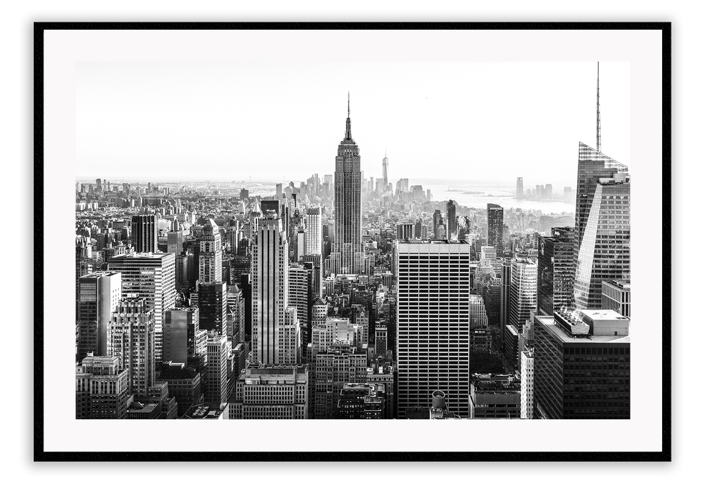 A black and white urban wall art with New York City modern skyscrapers.  
