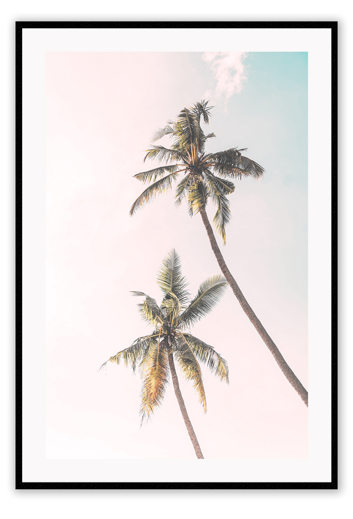 Photography coastal beach print with palm trees on a sunsetting sky with pink and blue clouds.