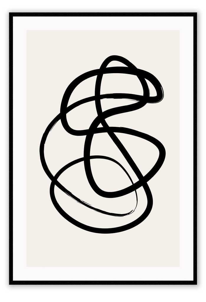 Abstract black and white squiggle print with textured black line and cream background 