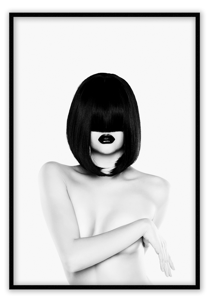 A black and white fashion wall art with a nude women figure with black straight hair.