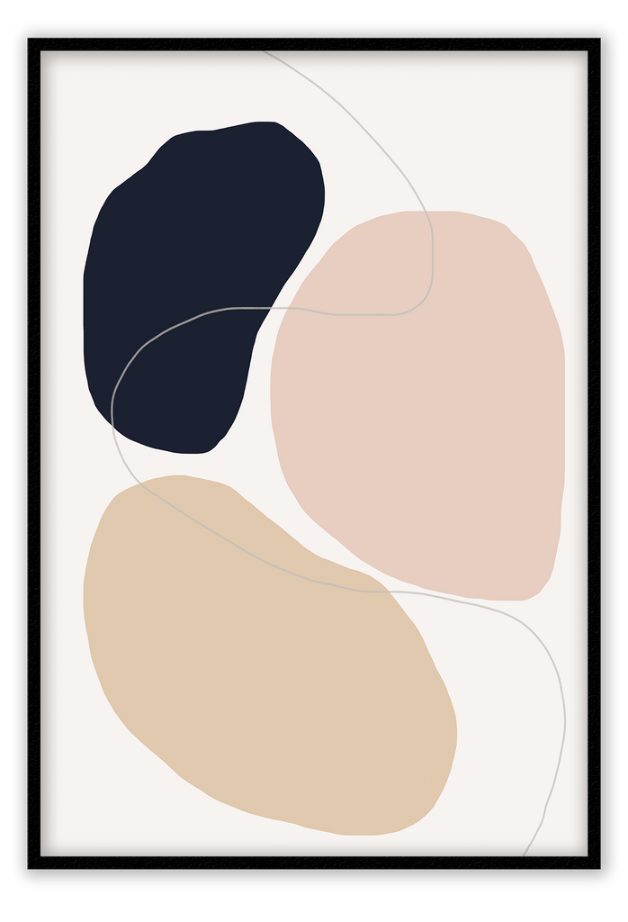 An abstract wall art with navy, pink and beige curvey shapes on white background. 