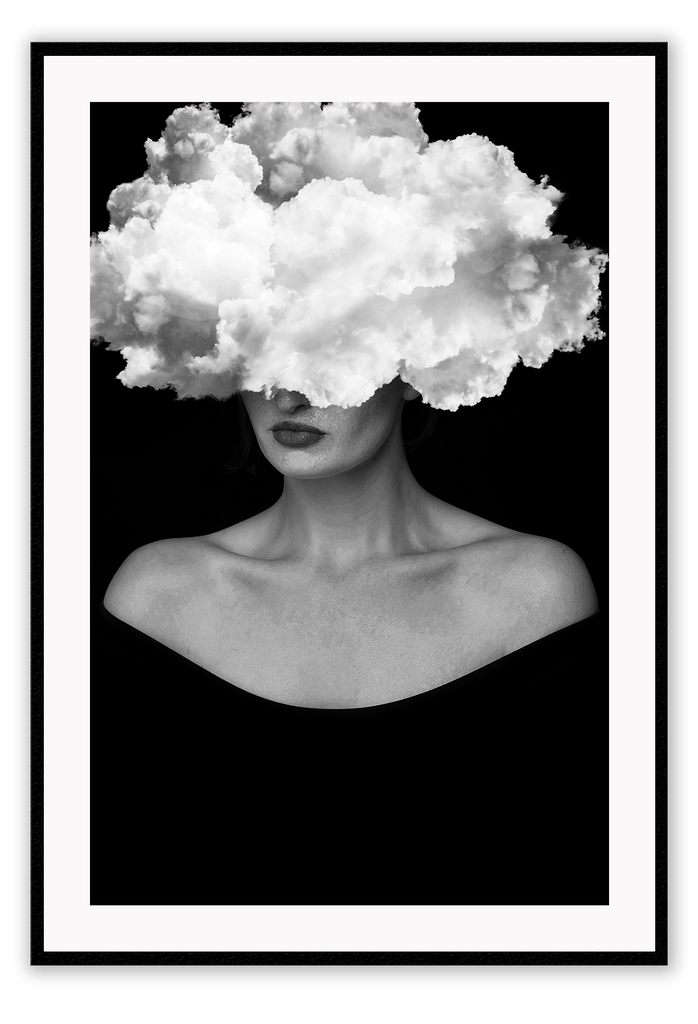 A fashion black and white wall art with a cloud on a lady's face with