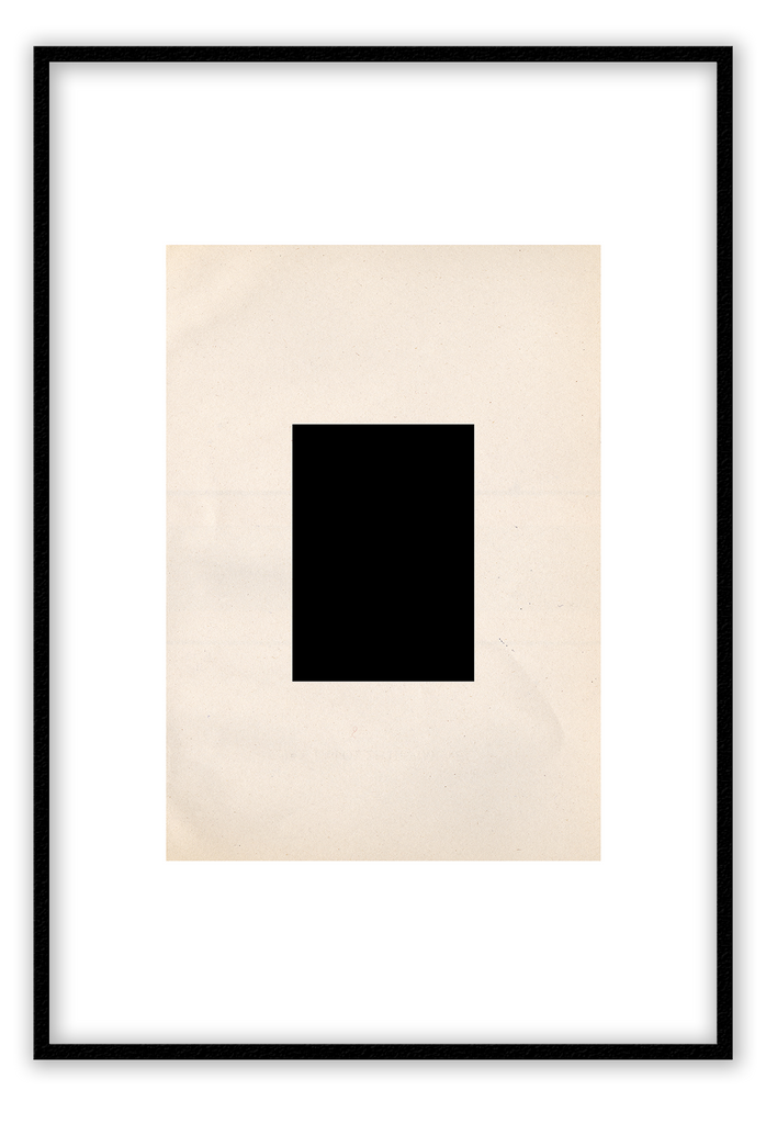 Scandi style art print with a plain black rectangle on a bigger, textured beige rectangle with a white border.