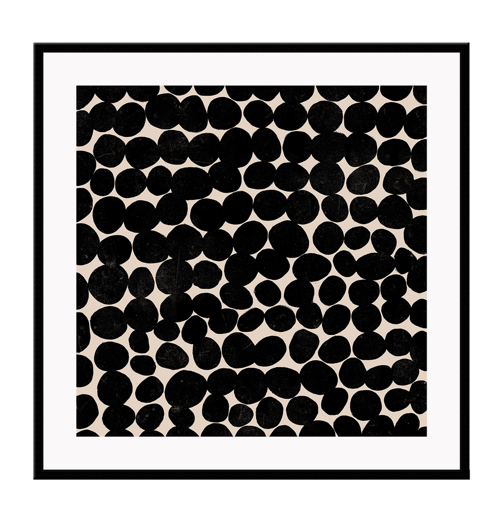 Square-shaped abstract print with black dots covering the whole print on a beige background with white border.