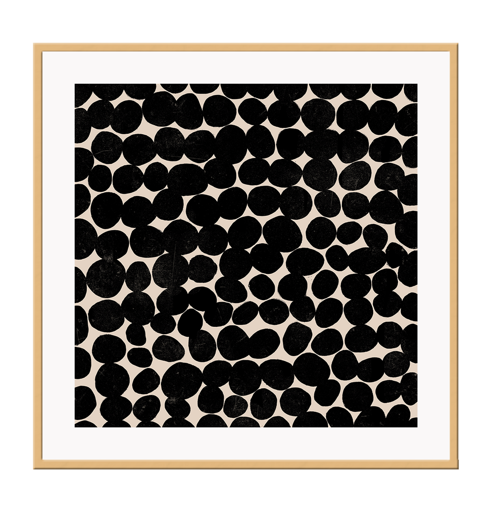 Square-shaped abstract print with black dots covering the whole print on a beige background with white border.
