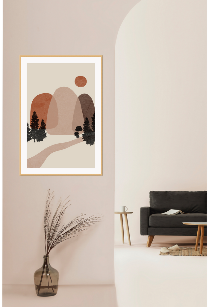 Abstract modern print with black tree and mountain outlines in rust beige brown tones with path creating a modern forest interpretation.