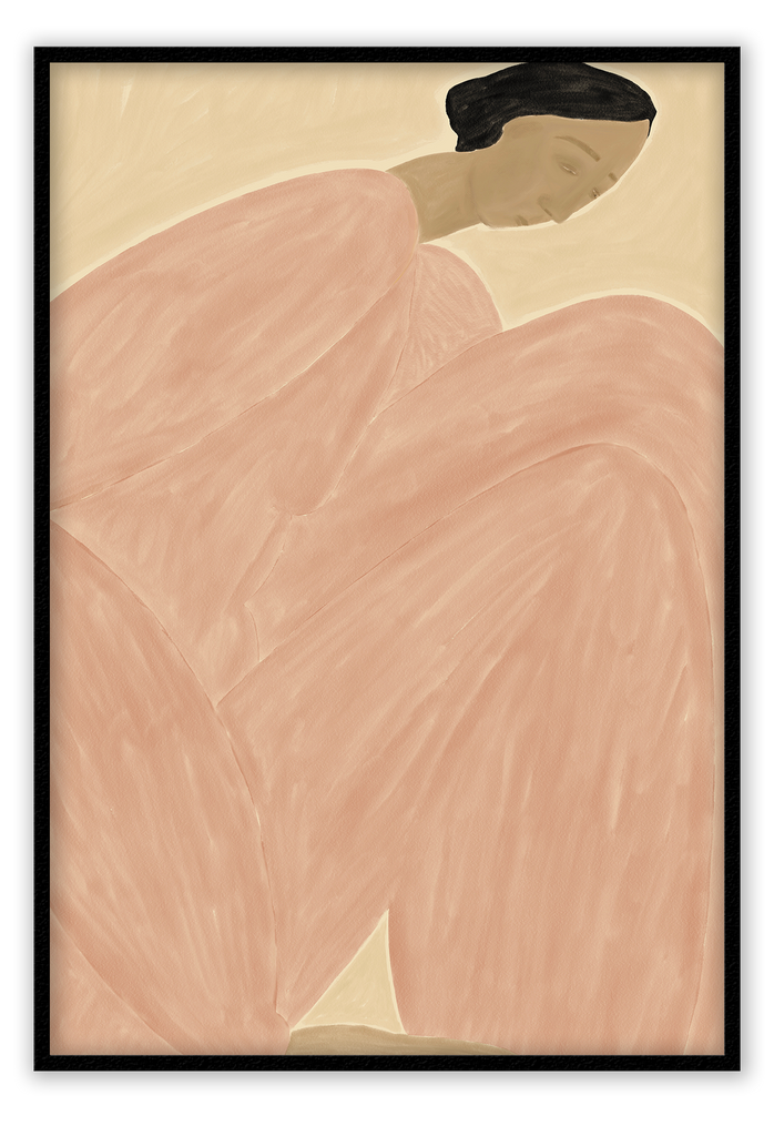 Textured art print with surrealistic shape of a person in a wide blush outfit sitting in the center on a beige background