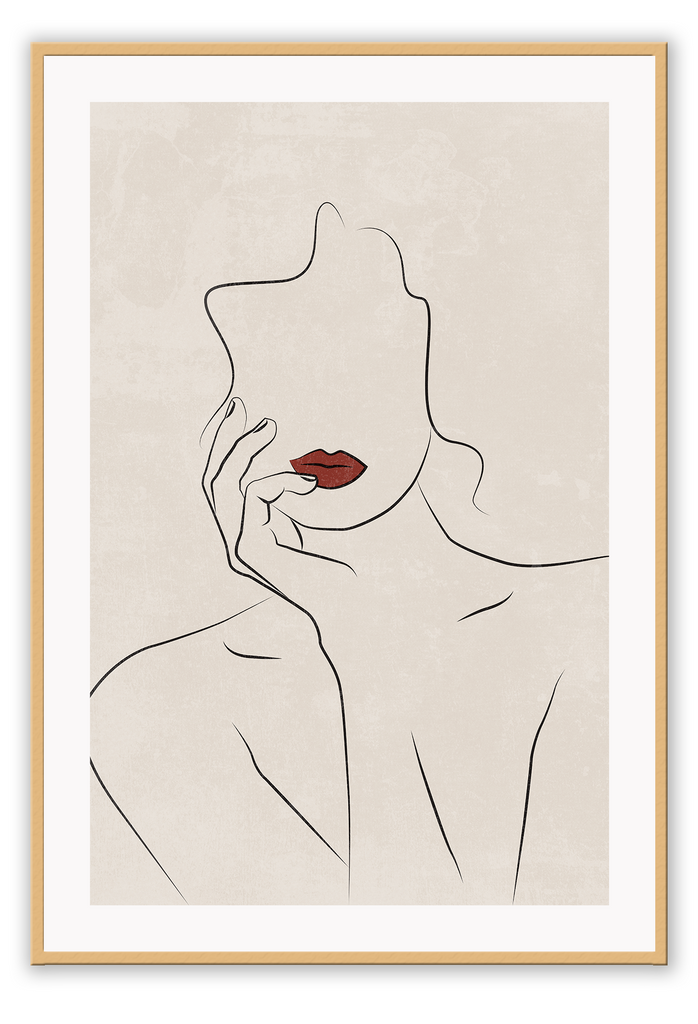 Portrait line art print woman outline black nude red lips beige textured background