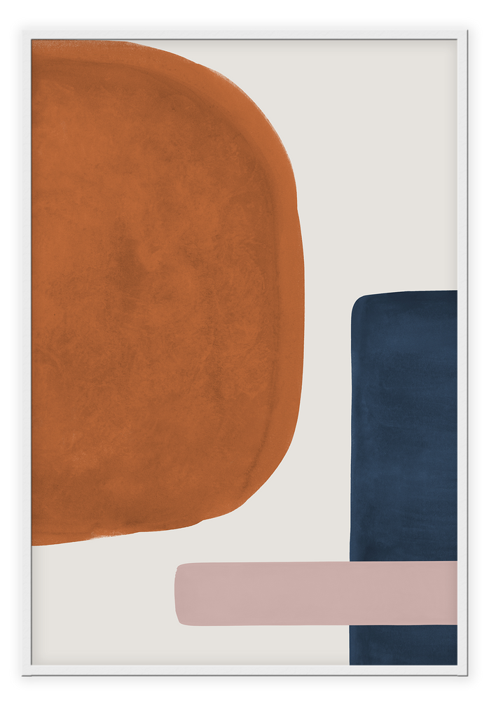 Abstract print shapes rust pink and navy colours with watercolour texture on a grey background 