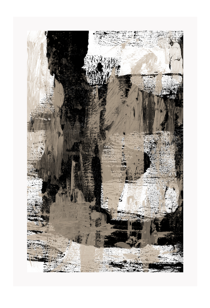 Abstract style art print with large black and beige brushstokes covering the print on a white background.