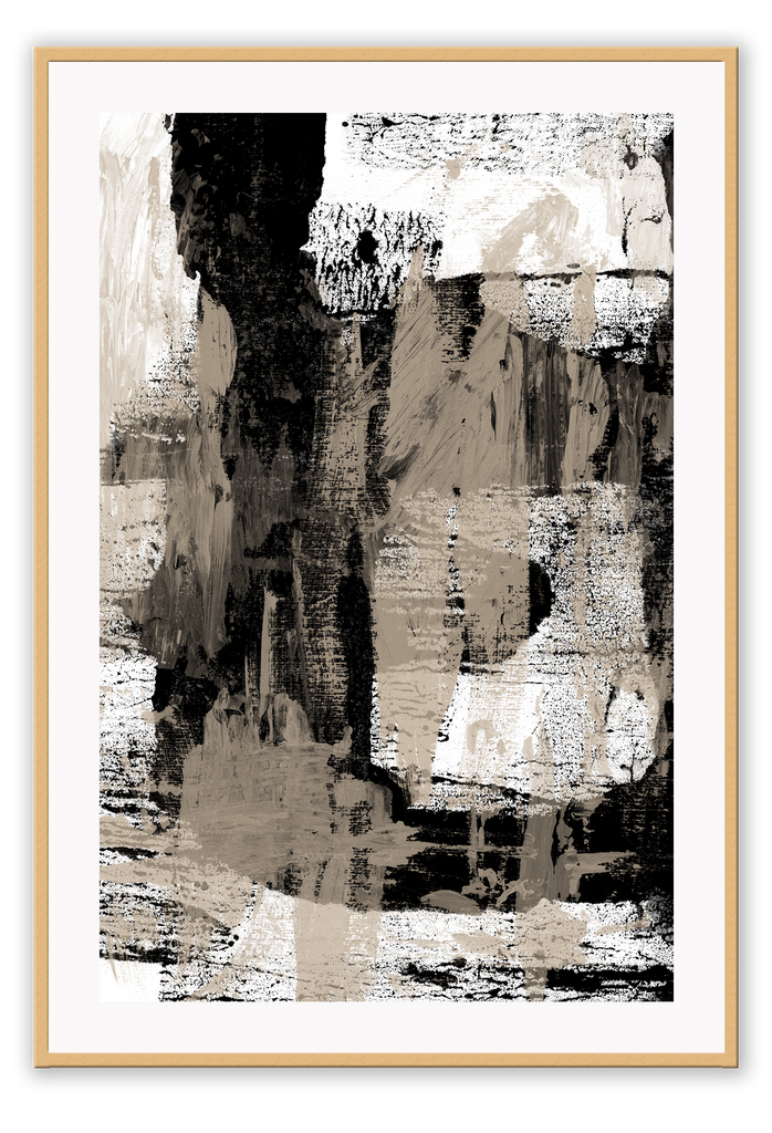 Abstract style art print with large black and beige brushstokes covering the print on a white background.