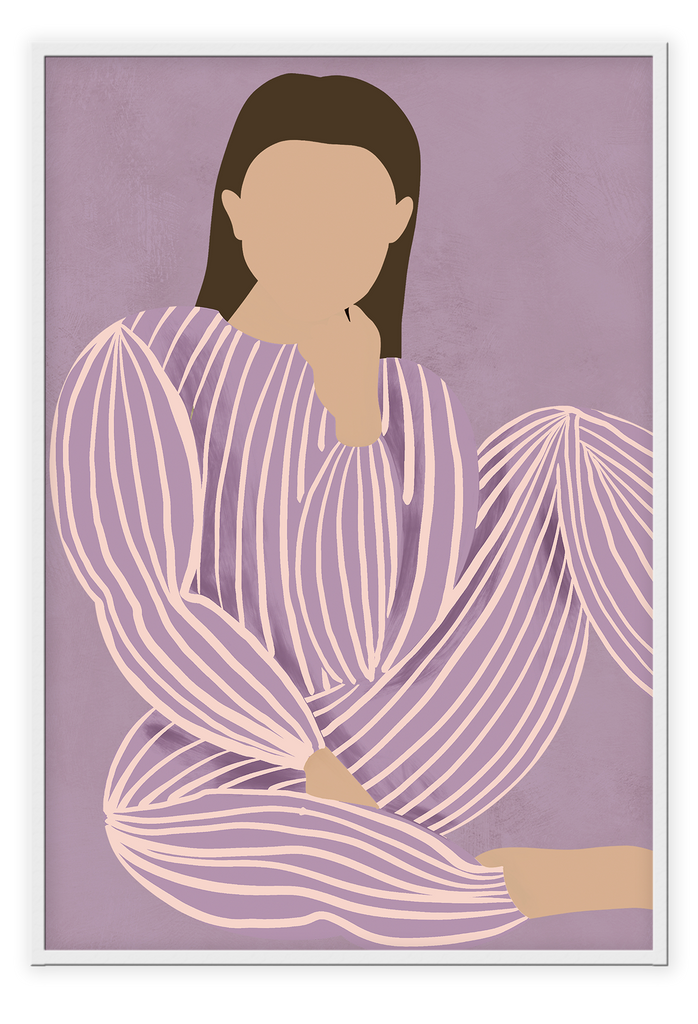 Abstract art print with a woman in a pastel lilac and beige striped outfit sitting in the center on a pastel lilac background