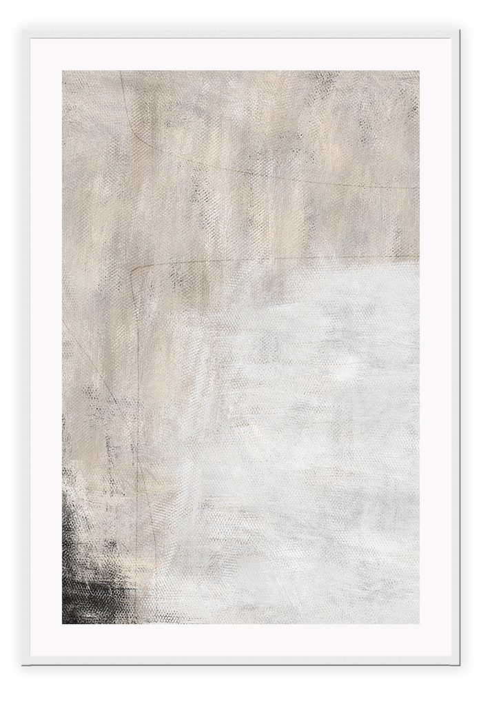 Abstract art print in light grey and white brushstroke textured tones with a hint of black in one corner and thin black lines