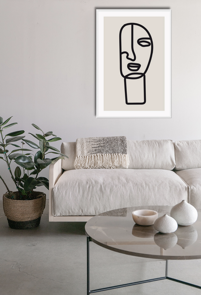 Line art print with abstract black face and beige background minimal and natural tones modern 