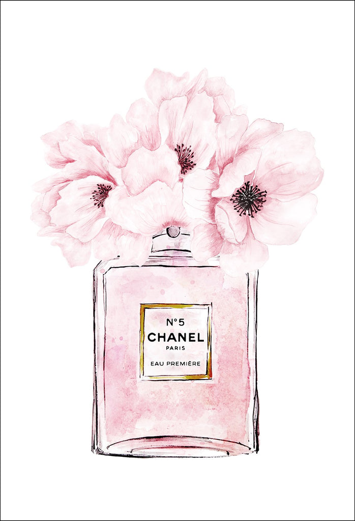 A fashion wall art with chanel N5 Paris pink perfume bottle and a pink flower lid. 
