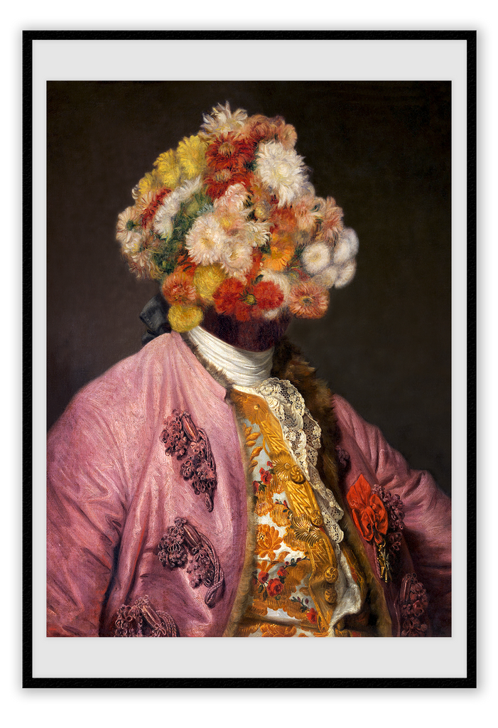 A vintage wall art with oil painting of a middle class man and flowers on his head. 