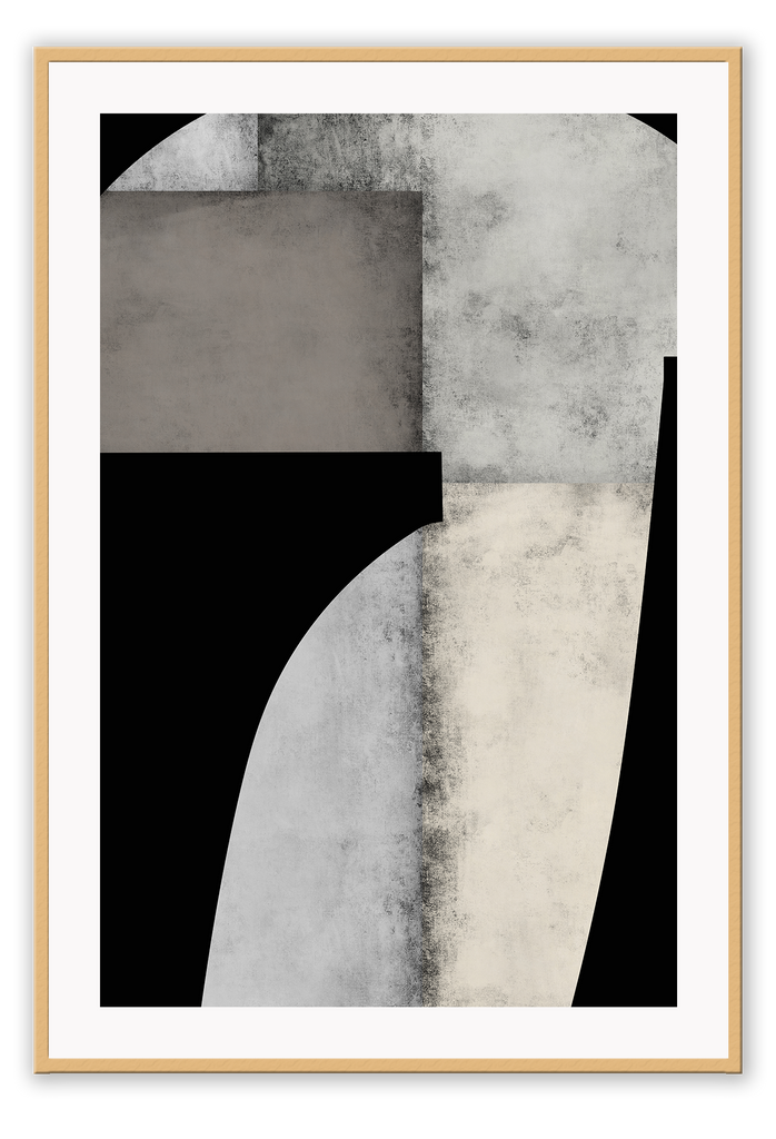 Abstract print with grey brushstroke textured rectangular shapes in the centre, sorrounded by random black shapes.