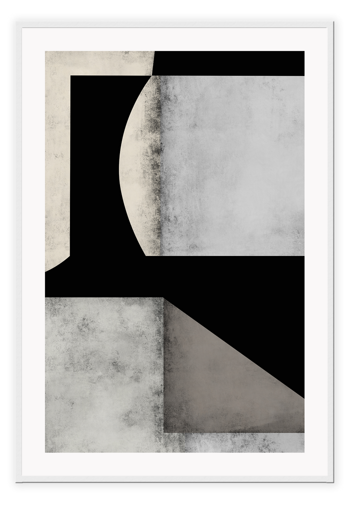 Abstract print with grey brushstroke textured rectangular shapes in the centre, sorrounded by random black shapes.