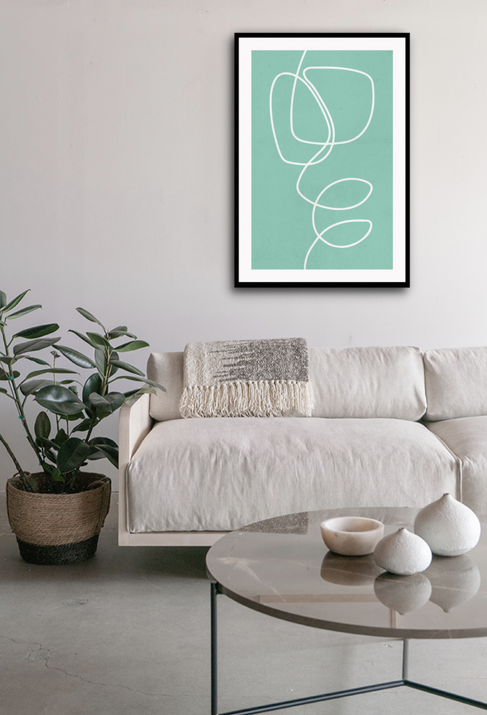 Line art minimal abstract modern print round white shapes overlapping mint green blue background.