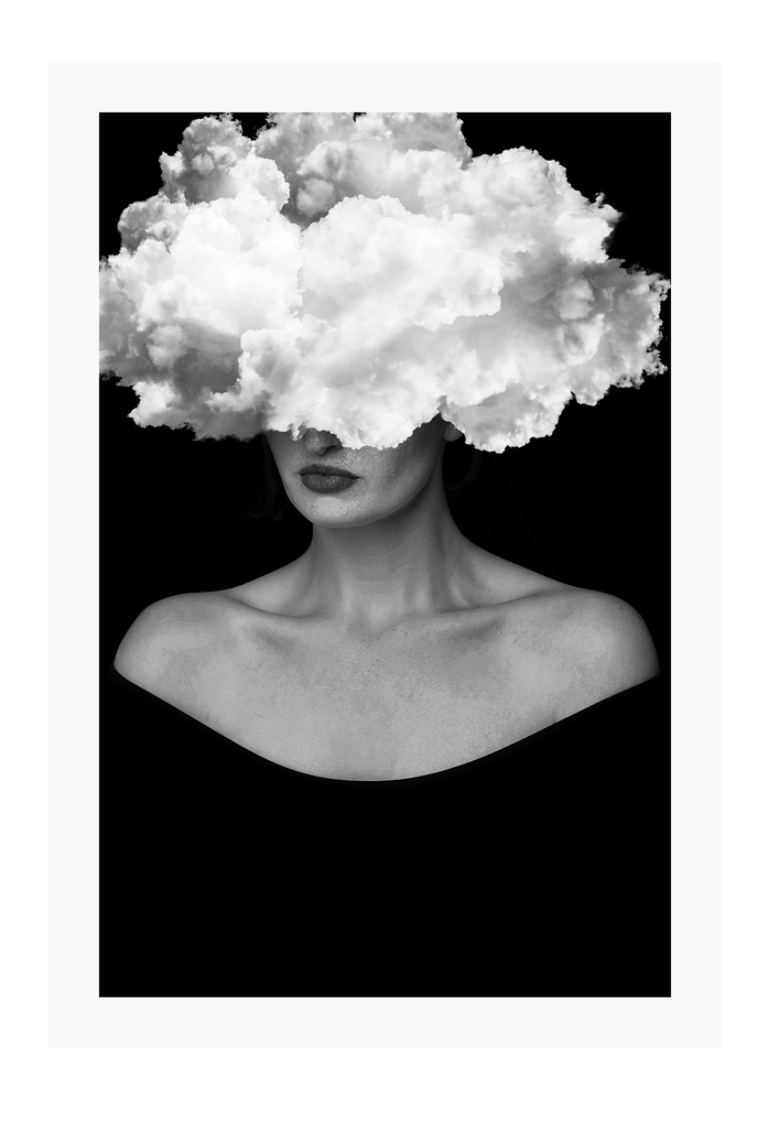 A fashion black and white wall art with a cloud on a lady's face with