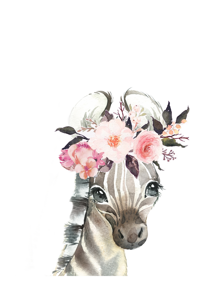 Kids nursery print with a watercolour baby zebra wearing a flower crown on a white background. 