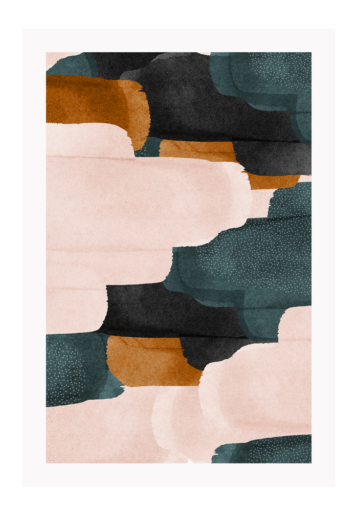 Abstract minimal print with blush rust emerald green and black tones 