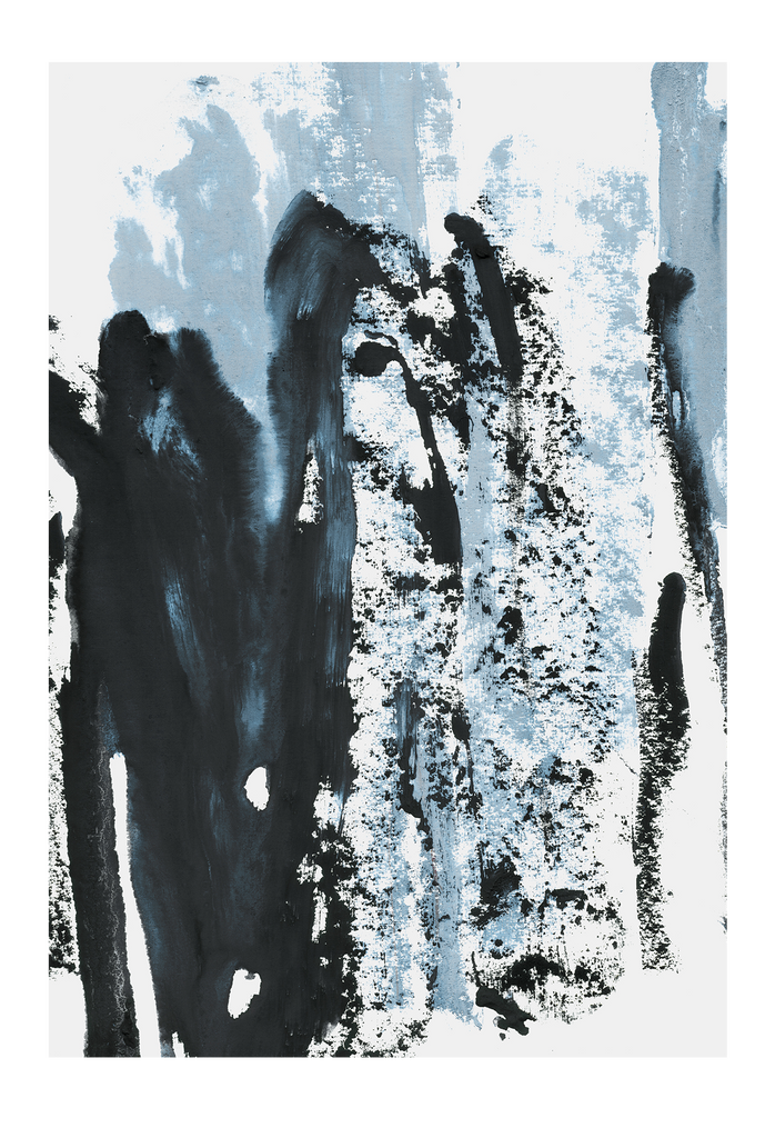 Blue white and black print abstract with brushtrokes texture and minimal style dark moody modern