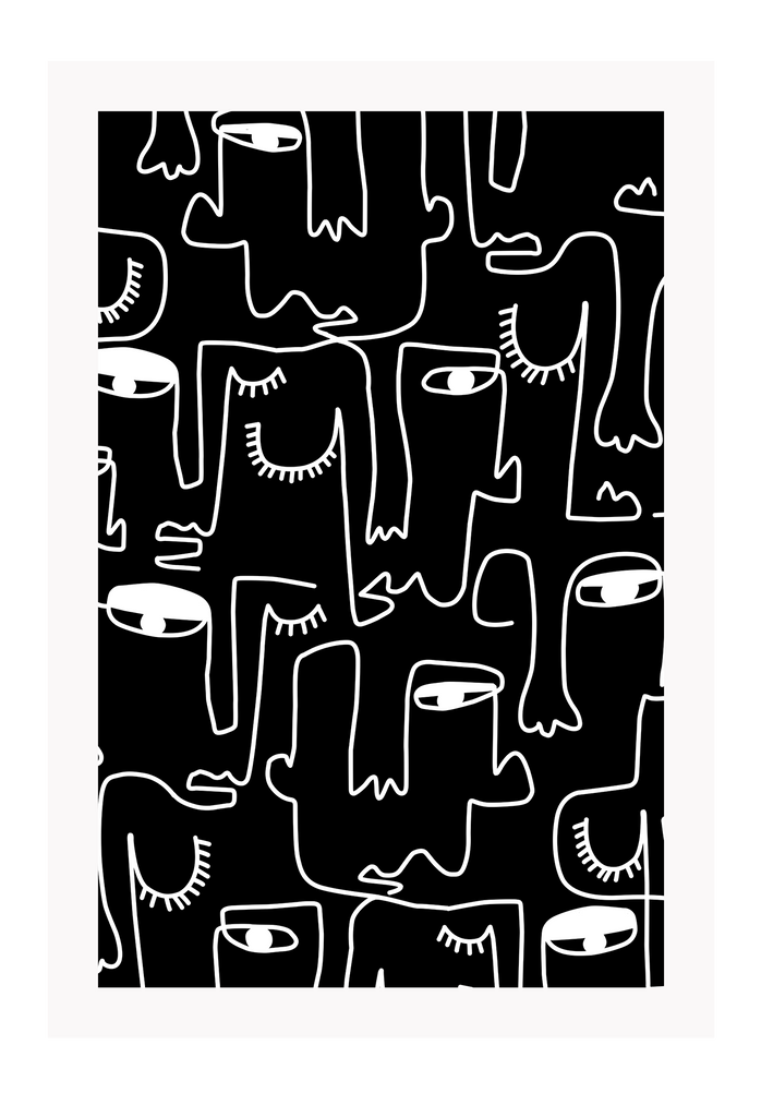 Black and white abstract line art print black background 