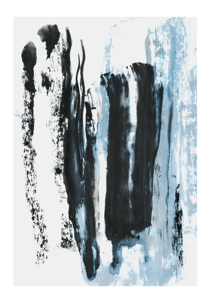 Blue white and black print abstract with brushtrokes texture and minimal style dark moody modern 