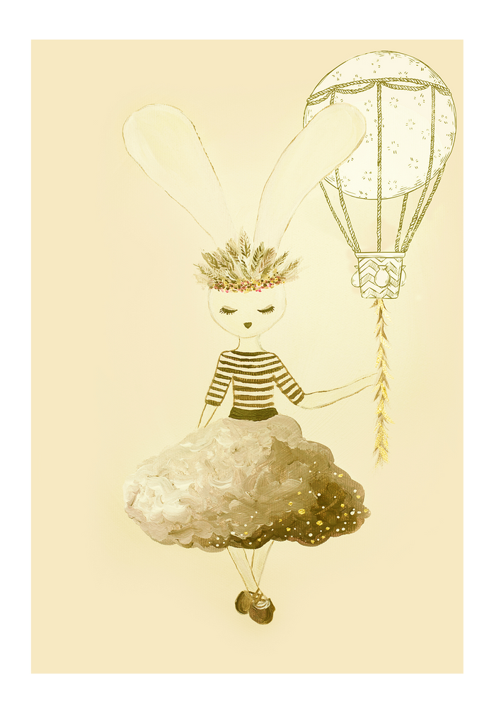 Kids nursery print with a bunny rabbit girl holding a hot air balloon with a yellow background. 