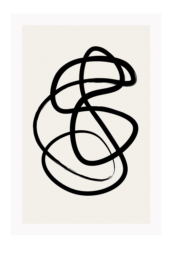 Abstract black and white squiggle print with textured black line and cream background 