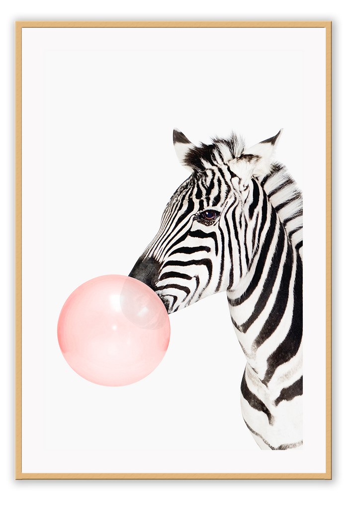 A fashion wall art with a zebra blowing pink bubble gum bubble