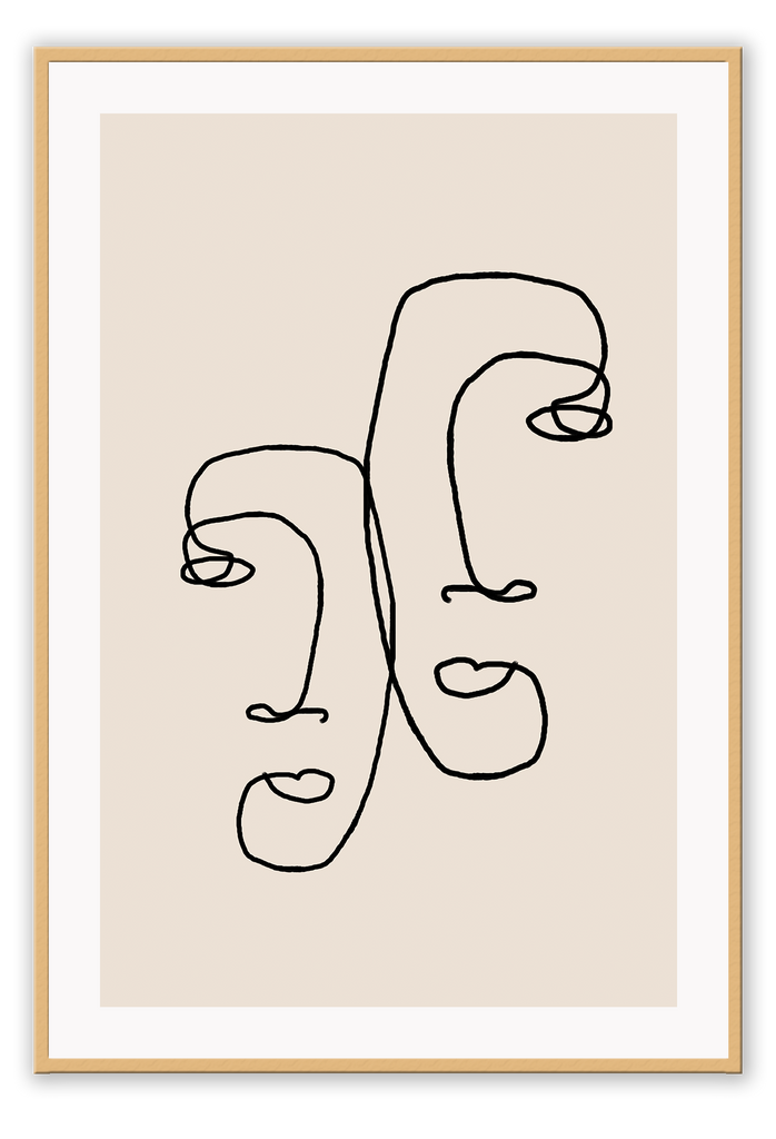 Abstract print line art faces two black line beige background modern simple minimal